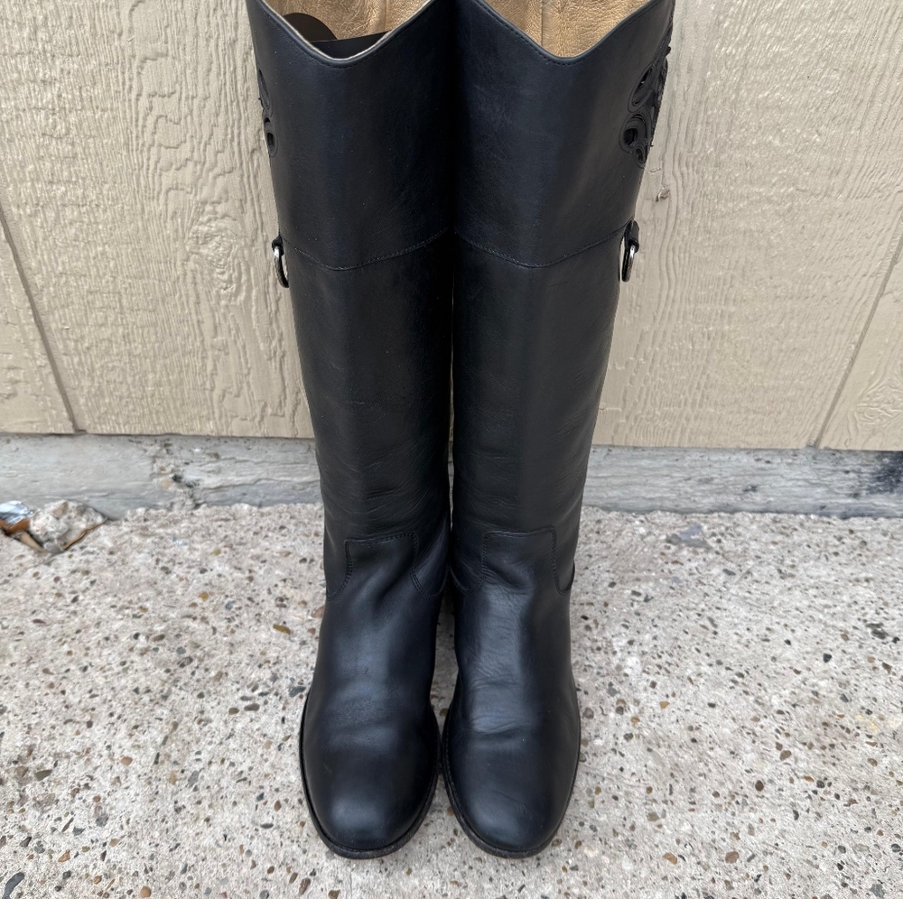 Frye Melissa Logo Black Leather Tall Riding Boots